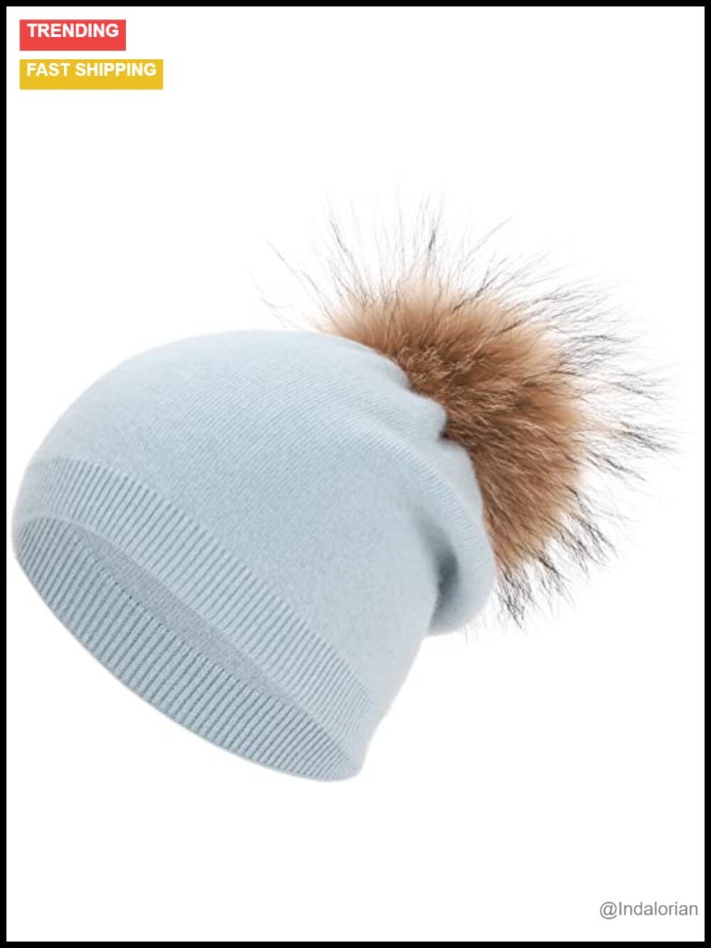 Women's Slouchy Knit Beanie Real Raccoon Fur Pom Pom Winter Hat